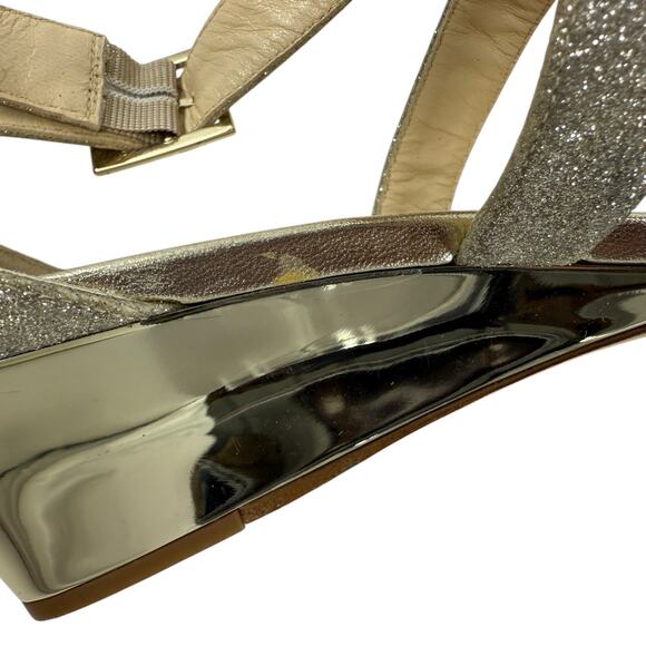 Jimmy Choo Chiara Sandal Size 39 /9 Cross Strap Open Metallic Gold Glitter Wedge - Picture 9 of 14